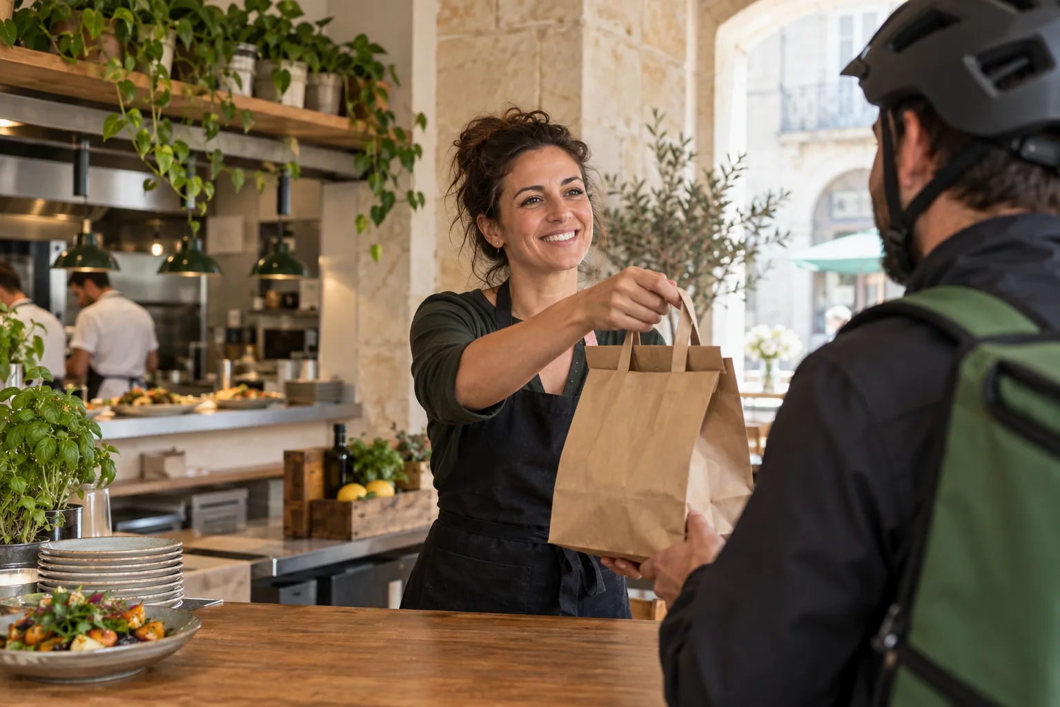 Restauratrice remettant une commande à un livreur partenaire