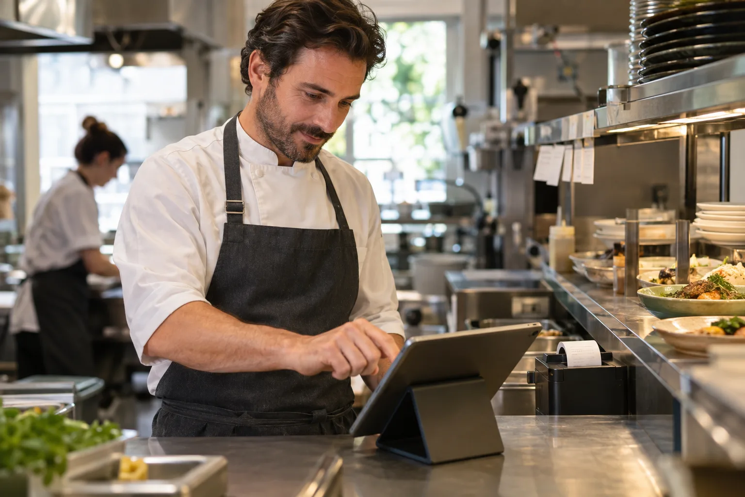 Chef gérant les commandes du restaurant sur une tablette